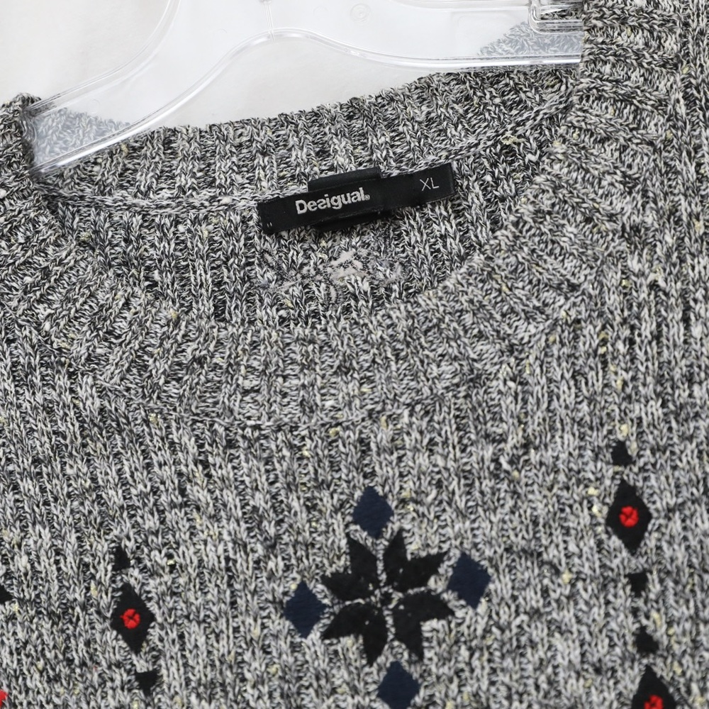 Desigual Nordic sweater embroidered knit heathered grey black XL cottage winter - Picture 3 of 10